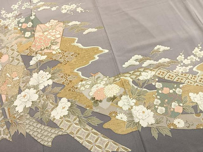 平和屋着物●色留訪問着　駒刺繍　草花文　金彩　ロング丈　正絹　逸品　AABK1596fy