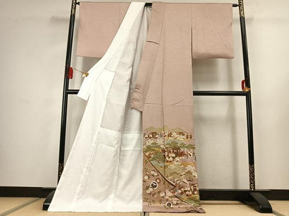 平和屋着物●豪華色留袖　御所車人物風景文　金彩　ロング丈　正絹　逸品　AABK1599fy