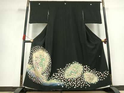 平和屋着物●豪華黒留袖　友禅　作家物　花鳥文　暈し染め　正絹　逸品　AABK1610fy