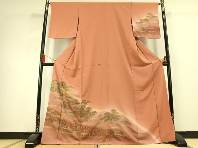 平和屋着物●訪問着　駒刺繍　風景松文　暈し染め　金銀彩　正絹　逸品　未使用　AABK1617fy