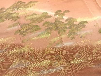 平和屋着物●訪問着　駒刺繍　風景松文　暈し染め　金銀彩　正絹　逸品　未使用　AABK1617fy