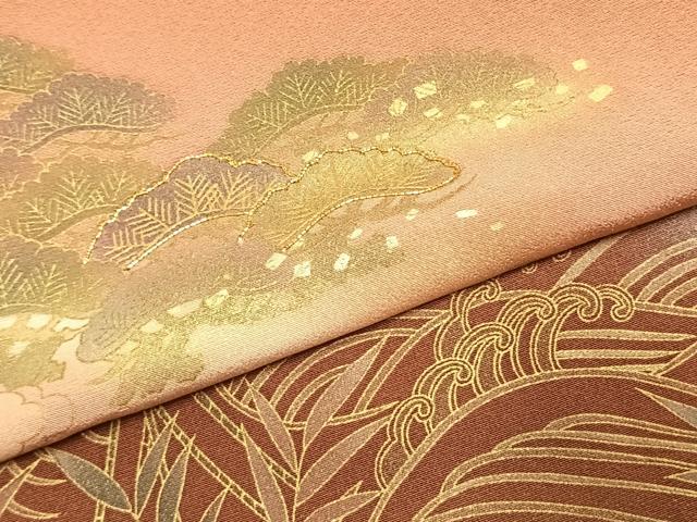 平和屋着物●訪問着　駒刺繍　風景松文　暈し染め　金銀彩　正絹　逸品　未使用　AABK1617fy