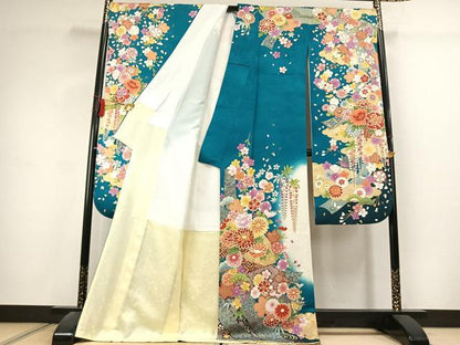 平和屋着物●豪華振袖　駒刺繍　草花文　暈し染め　金彩　銀通し地　正絹　逸品　AABK1622fy