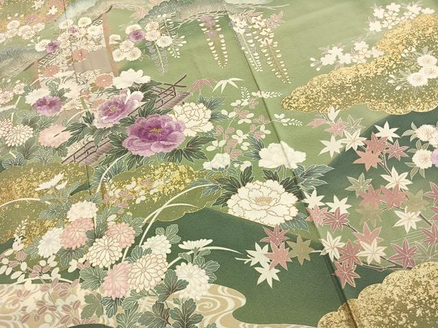 平和屋着物●西陣　京の名門　じゅらく謹製　帝王紫　訪問着　刺繍　風景花文　金糸　金彩　正絹　逸品　AABK1625fy