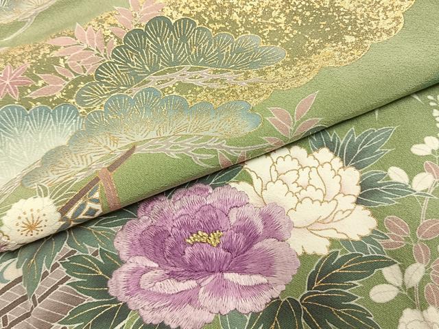 平和屋着物●西陣　京の名門　じゅらく謹製　帝王紫　訪問着　刺繍　風景花文　金糸　金彩　正絹　逸品　AABK1625fy