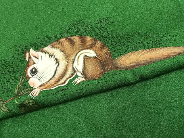 平和屋着物●色留訪問着　手描き　栗鼠　鶸萌黄色　正絹　逸品　AABK1649fy