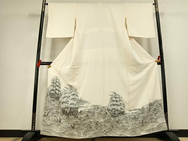 平和屋着物●色留訪問着　お召地　船　立波文　正絹　逸品　AABK1657fy