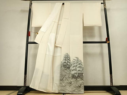 平和屋着物●色留訪問着　お召地　船　立波文　正絹　逸品　AABK1657fy