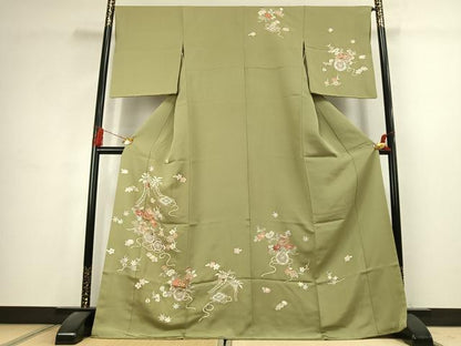 平和屋着物●訪問着　駒刺繍　草花文　金彩　正絹　逸品　AABK1664fy