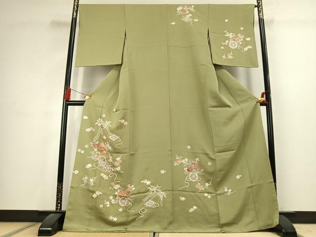 平和屋着物●訪問着　駒刺繍　草花文　金彩　正絹　逸品　AABK1664fy