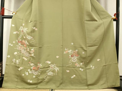 平和屋着物●訪問着　駒刺繍　草花文　金彩　正絹　逸品　AABK1664fy