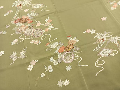 平和屋着物●訪問着　駒刺繍　草花文　金彩　正絹　逸品　AABK1664fy