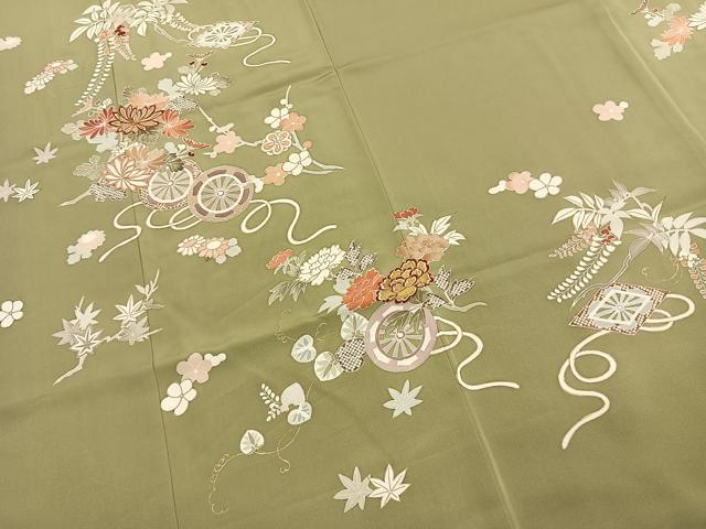 平和屋着物●訪問着　駒刺繍　草花文　金彩　正絹　逸品　AABK1664fy