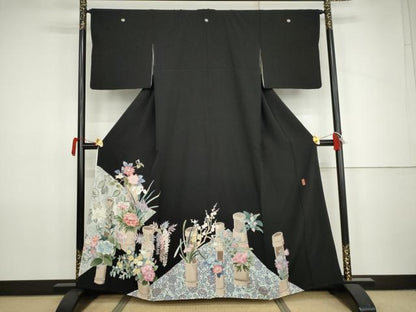 平和屋着物●豪華黒留袖　友禅　作家物　飾花文　正絹　逸品　AABK1683cs