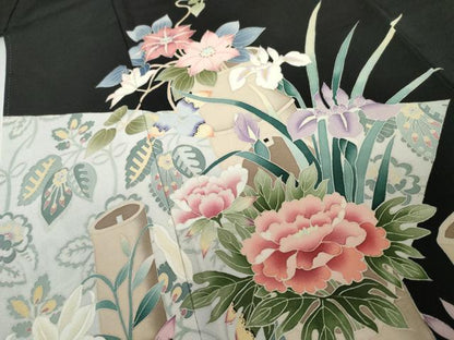 平和屋着物●豪華黒留袖　友禅　作家物　飾花文　正絹　逸品　AABK1683cs