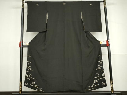 平和屋着物●アンティーク　大正ロマン　黒留袖　両褄　光琳菊　金彩　正絹　逸品　AABK1685cs