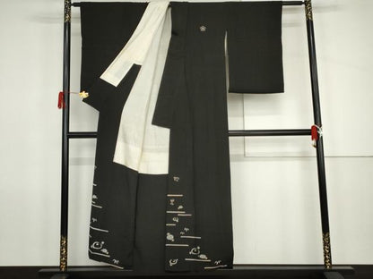 平和屋着物●アンティーク　大正ロマン　黒留袖　両褄　光琳菊　金彩　正絹　逸品　AABK1685cs
