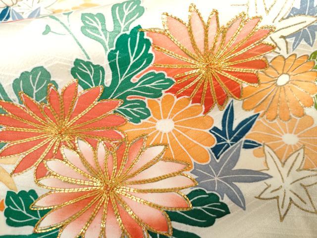 平和屋着物●豪華振袖　駒刺繍　絞り　吉祥草花文　金彩　正絹　逸品　AABK1691cs