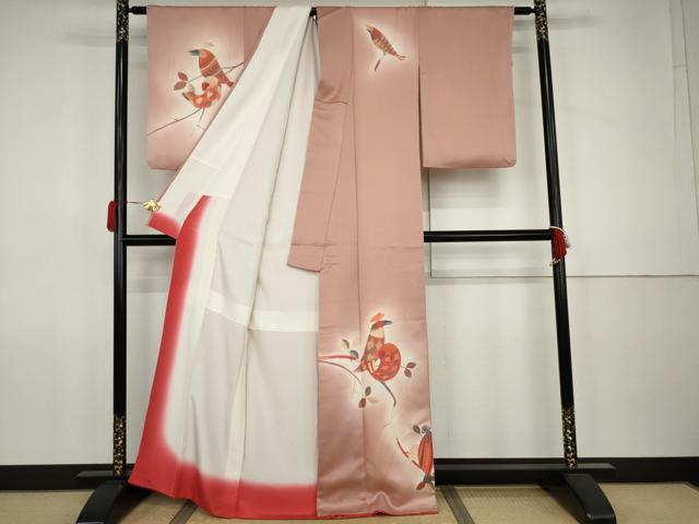 平和屋着物●訪問着　枝葉に鳥　暈し染め　正絹　逸品　AABK1697cs