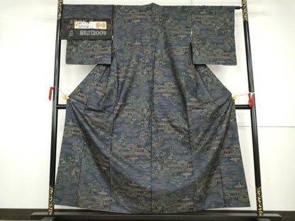 平和屋着物●本場大島紬　純泥染め　カタス9マルキ　手織り　風景文　河野絹織物謹製　証紙付き　正絹　逸品　AABK1702cs