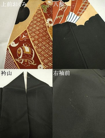 平和屋着物●豪華黒留袖　駒刺繍　扇面吉祥花文　金彩　正絹　逸品　AABK1708cs