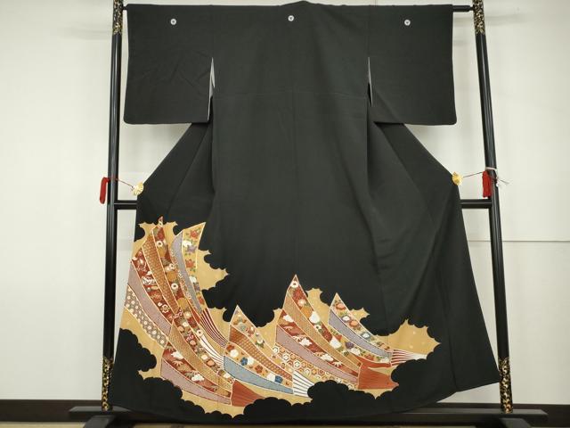 平和屋着物●豪華黒留袖　駒刺繍　扇面吉祥花文　金彩　正絹　逸品　AABK1708cs