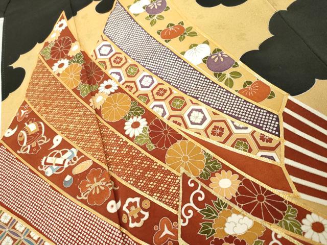 平和屋着物●豪華黒留袖　駒刺繍　扇面吉祥花文　金彩　正絹　逸品　AABK1708cs