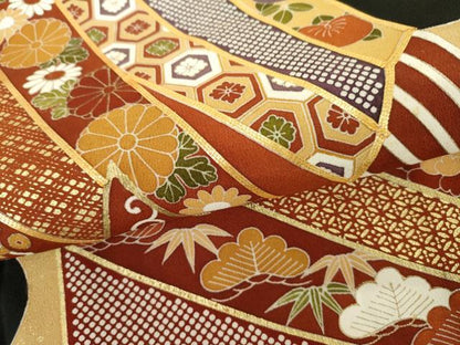 平和屋着物●豪華黒留袖　駒刺繍　扇面吉祥花文　金彩　正絹　逸品　AABK1708cs