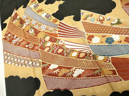 平和屋着物●豪華黒留袖　駒刺繍　扇面吉祥花文　金彩　正絹　逸品　AABK1708cs