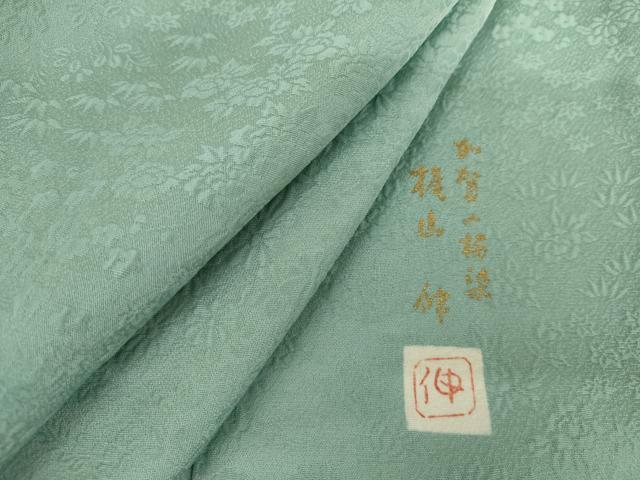 平和屋着物●本加賀友禅作家　梶山伸監修　色無地　草花地紋　錆青磁色　正絹　逸品　未使用　AABK1714cs