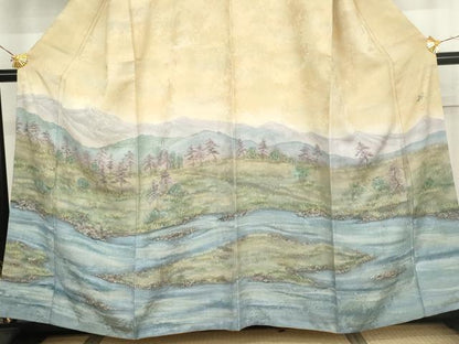 平和屋着物●京友禅作家　黒島敏　訪問着　手描き　風景文　正絹　逸品　AABK1741cs
