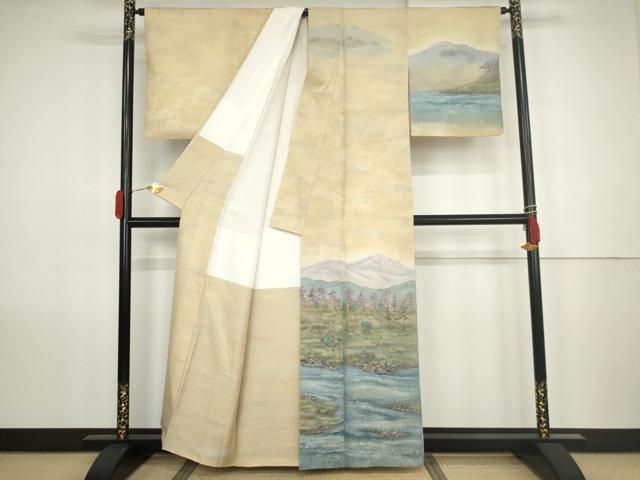 平和屋着物●京友禅作家　黒島敏　訪問着　手描き　風景文　正絹　逸品　AABK1741cs