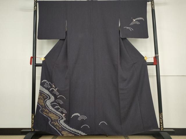 平和屋着物●訪問着　絞り　刺繍　流水に桜　金彩　正絹　逸品　AABK1742cs