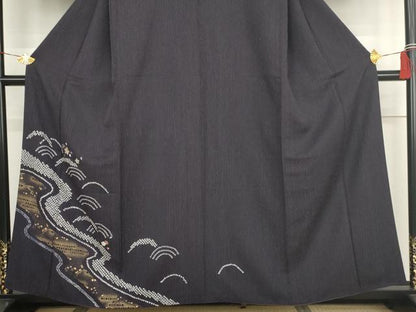 平和屋着物●訪問着　絞り　刺繍　流水に桜　金彩　正絹　逸品　AABK1742cs