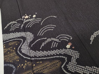 平和屋着物●訪問着　絞り　刺繍　流水に桜　金彩　正絹　逸品　AABK1742cs