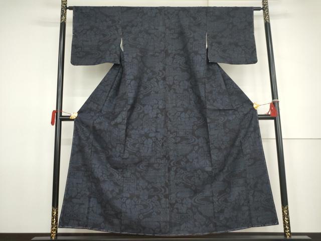 平和屋着物●結城紬　100亀甲　流水風景文　正絹　逸品　未使用　AABK1744cs