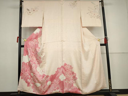 平和屋着物●訪問着　絞り　草花文　暈し染め　金彩　正絹　逸品　AABK1748cs