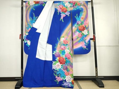 平和屋着物●豪華振袖・長襦袢(無双仕立て)セット　草花文　薔薇　バラ　暈し染め　金彩　ロング丈　半衿刺繍　正絹　逸品　AABK1749cs
