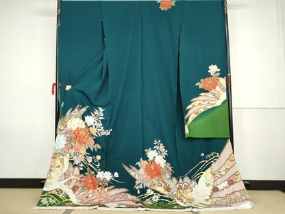 平和屋着物●豪華振袖　駒刺繍　吉祥草花文　鶴　暈し染め　金彩　丹後ちりめん　仮絵羽　逸品　未使用　AABK1753cs