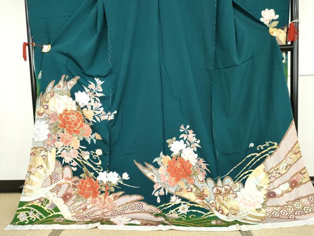 平和屋着物●豪華振袖　駒刺繍　吉祥草花文　鶴　暈し染め　金彩　丹後ちりめん　仮絵羽　逸品　未使用　AABK1753cs