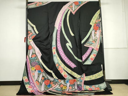 平和屋着物●十日町友禅　関芳　振袖　絞り　蔓帯草花文　黒地　金糸　金彩　仮絵羽　逸品　未使用　AABK1759cs