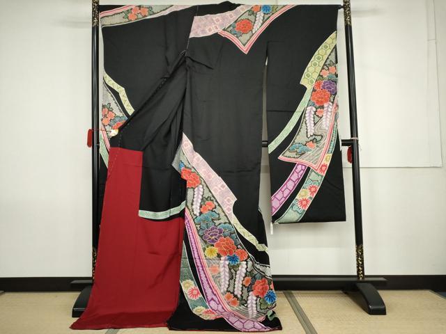 平和屋着物●十日町友禅　関芳　振袖　絞り　蔓帯草花文　黒地　金糸　金彩　仮絵羽　逸品　未使用　AABK1759cs