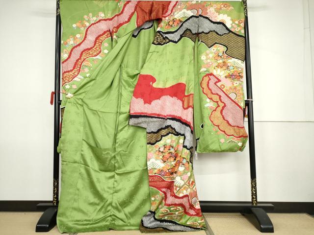 平和屋着物●吉澤友禅　振袖　駒刺繍　絞り　吉祥草花文　金彩　仮絵羽　逸品　未使用　AABK1760cs