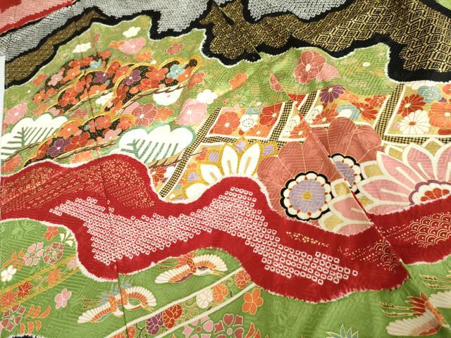 平和屋着物●吉澤友禅　振袖　駒刺繍　絞り　吉祥草花文　金彩　仮絵羽　逸品　未使用　AABK1760cs