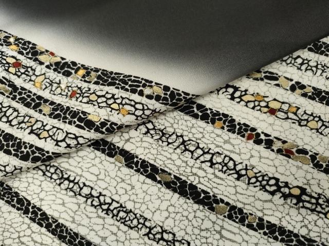 平和屋着物●京の名門　友禅　染の北川　訪問着　刺繍　斜縞　暈し染め　黒地　金糸　金彩　反端付き　正絹　逸品　AABK1763cs