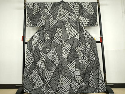 平和屋着物●上質な小紋　総絞り　切嵌吉祥文　黒地　正絹　逸品　AABK1767cs
