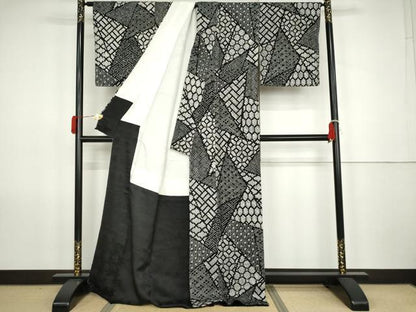 平和屋着物●上質な小紋　総絞り　切嵌吉祥文　黒地　正絹　逸品　AABK1767cs