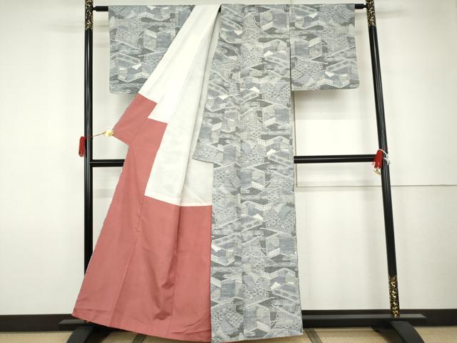 平和屋着物▼小千谷紬　屏風几帳吉祥文　正絹　逸品　AABK1770cs
