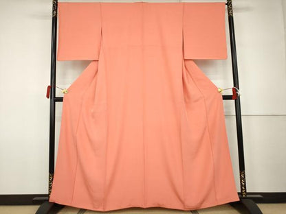 平和屋着物●上質な色無地　お召ちりめん　珊瑚朱色　正絹　逸品　AABK1771cs