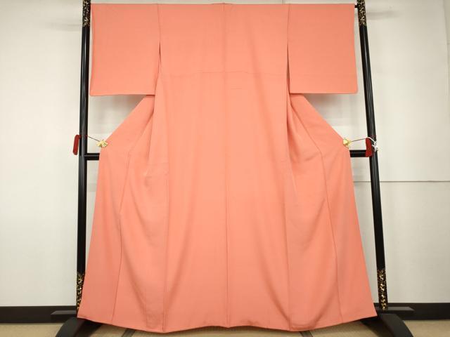 平和屋着物●上質な色無地　お召ちりめん　珊瑚朱色　正絹　逸品　AABK1771cs